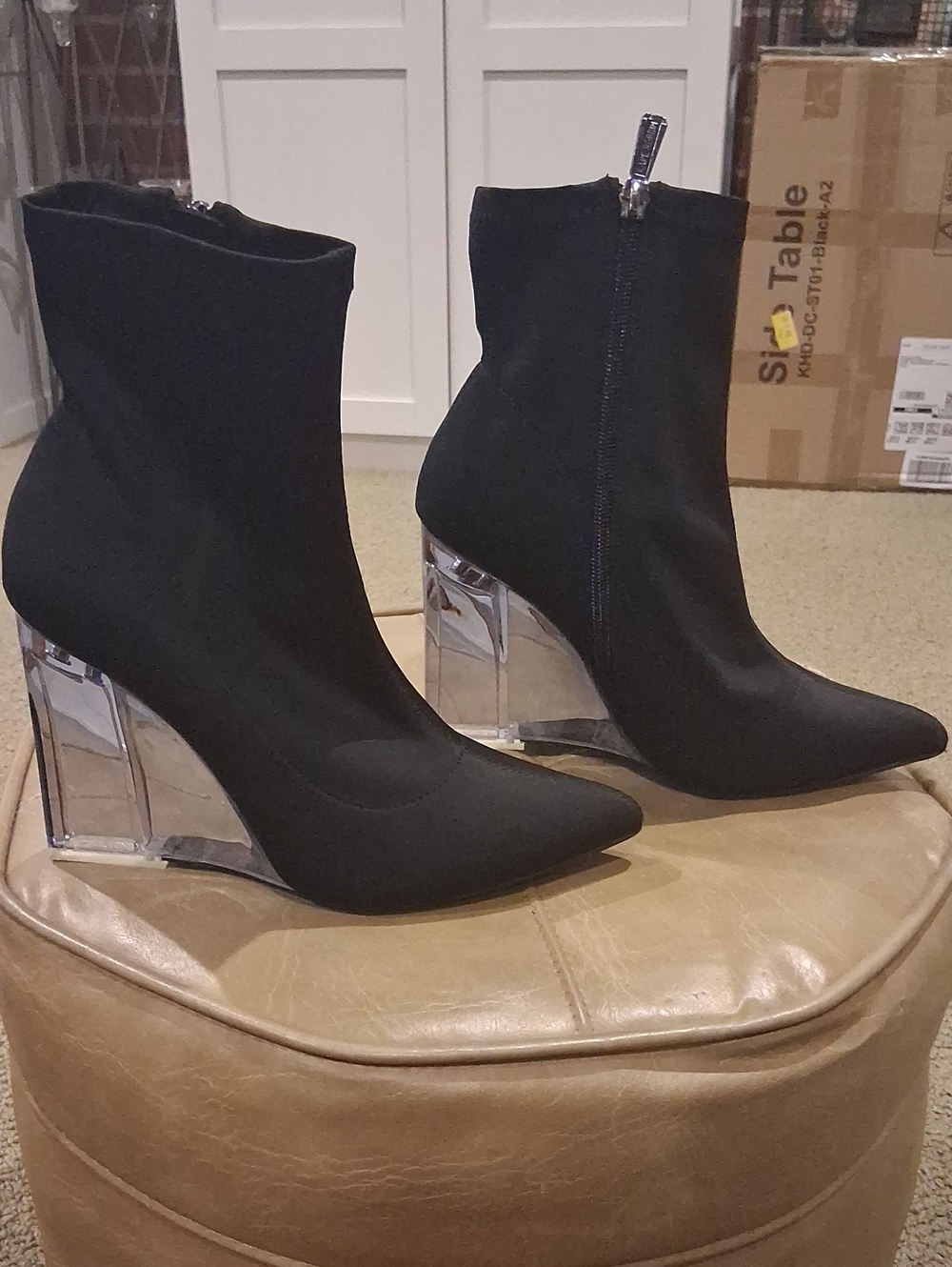 Cape Robbin Black Pointed Sock Boots with Clear Block Heel